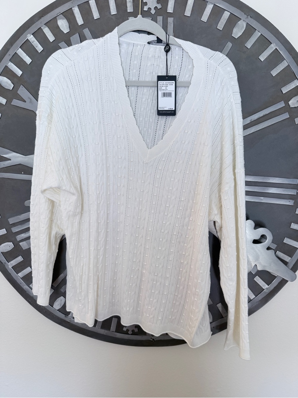 Adrianna Papell Cream V-Neck Cable Knit Sweater